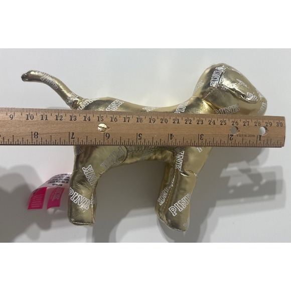2014 Victoria Secret Plush PINK Dog SHINY Metallic Gold w/ "PINK" Words 8" - Picture 8 of 9